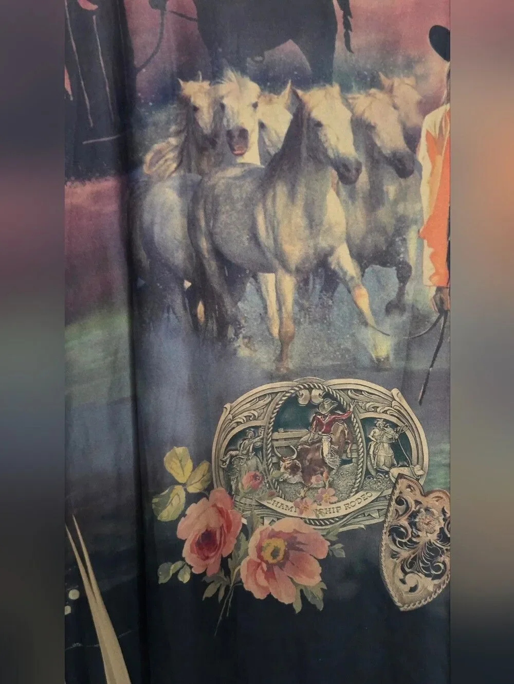 Fantazia Western Cowgirl Rose Horses Graphic Tunic Top  L Boho Rodeo Core